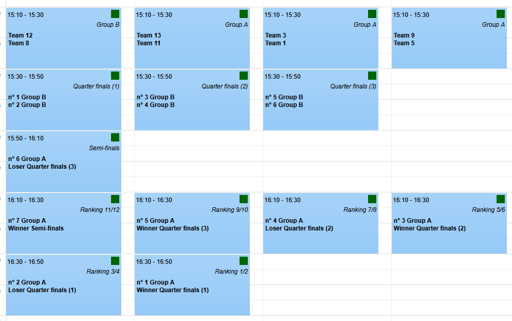 Tournament schedule for 13 teams