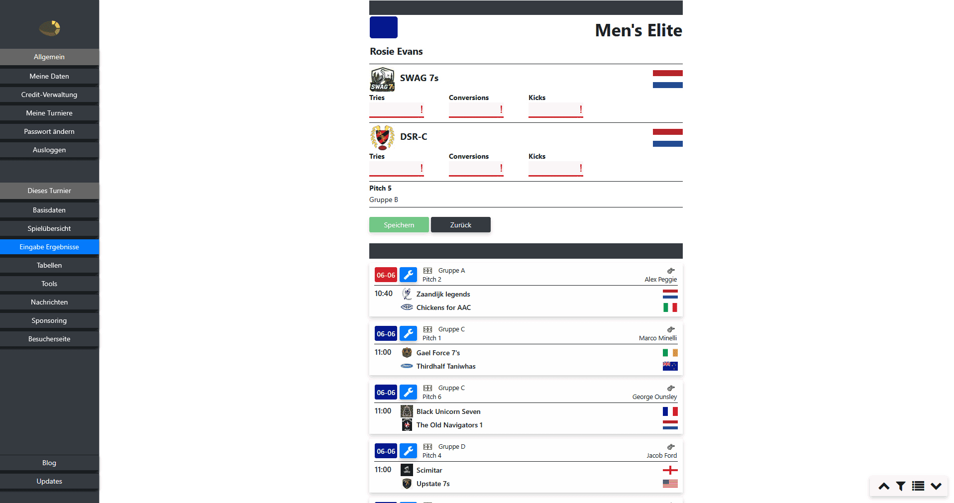 Rugby-Ergebnis eingeben in der Online-Turniersoftware mit Try-, Conversion- und Kick-Erfassung