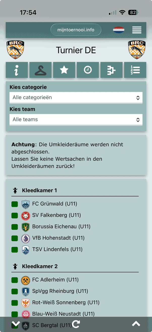Praktische Vereinsinformationen wie Umkleidekabinenverteilung
