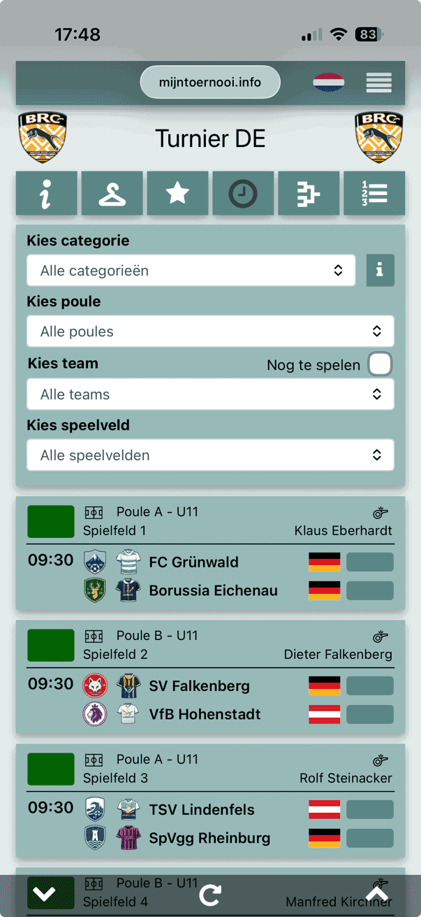 Aktuelles Spielprogramm mit zugeordneten Spielfeldern